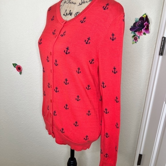 Tommy Hilfiger Button Down Red-Orange with Navy Anchors Sweater Cardigan Size M - Picture 8 of 8